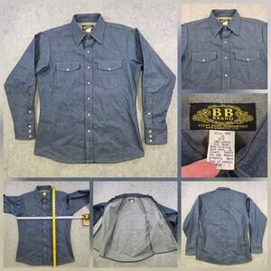 VTG BB Brand Denim Western Shirt Mens Large? 16 Blue Pearl Snap USA Long Sleeve